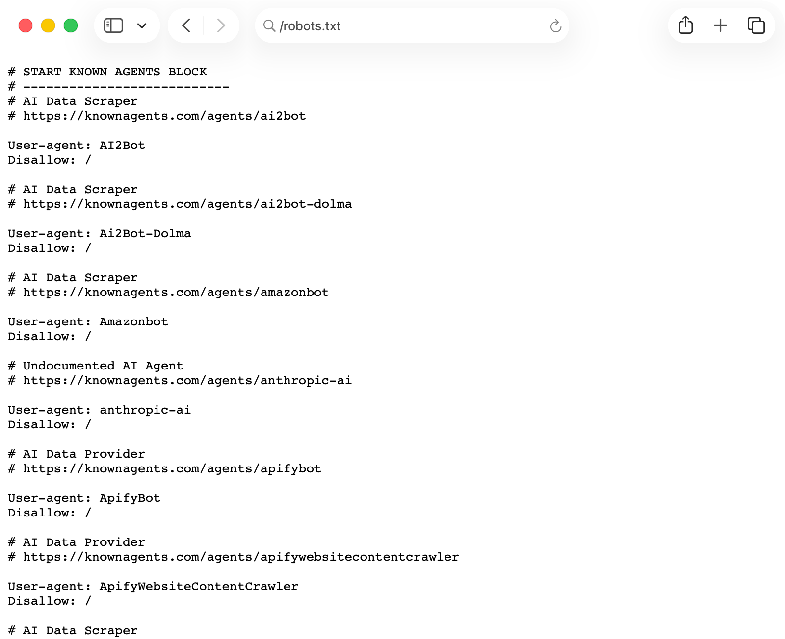 A Known Agents customer's robots.txt with rules blocking AI bots